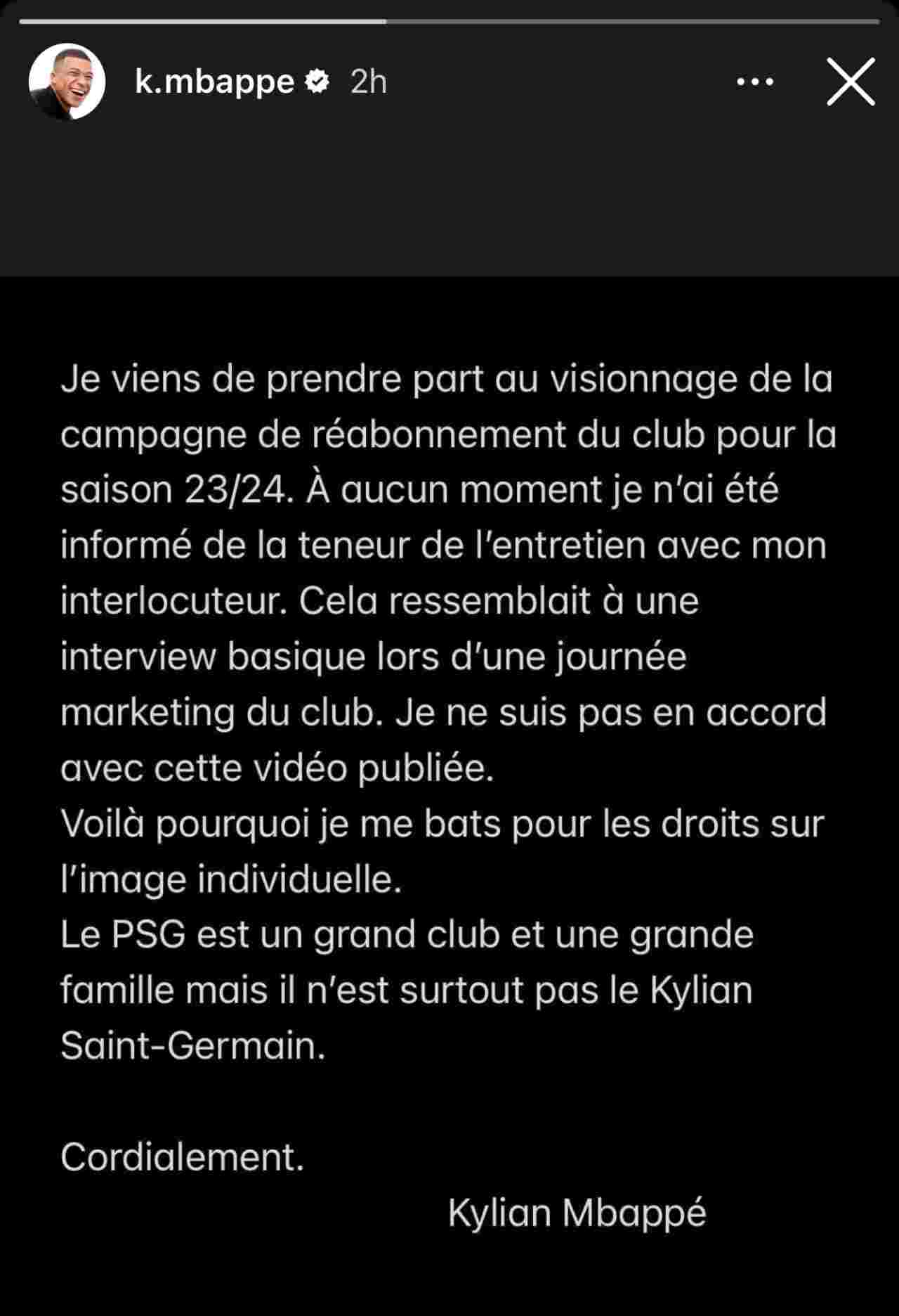 Post social Mbappè scontro PSG (foto Instagram @k.mbappe) - Calcionow.it